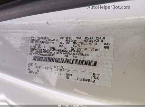 1FT7X2B62HED28462 2017 FORD F-250 White Vista del compartimento del motor