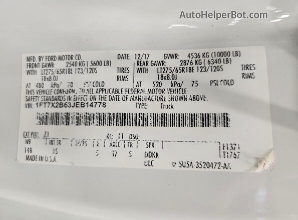 1FT7X2B63JEB14778 2018 FORD F250 White Вид наклейки з VIN-кодом
