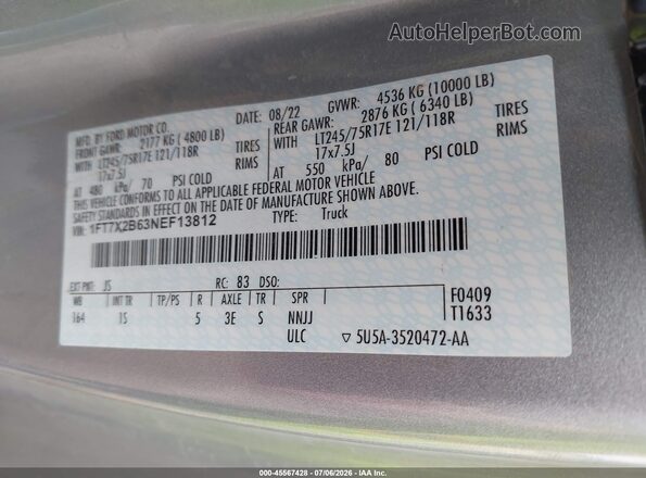 1FT7X2B63NEF13812 2022 FORD F-250 Серебряный Вид подкапотного пространства