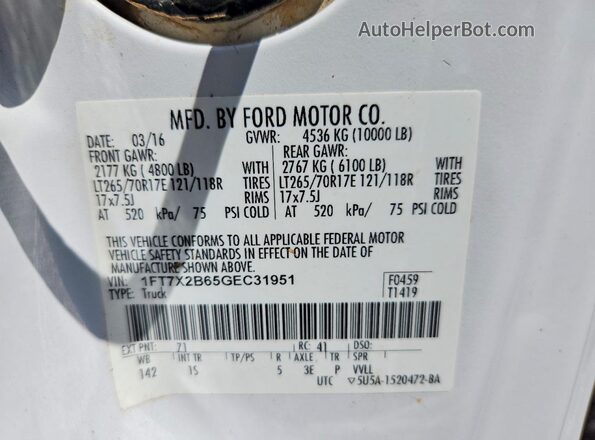 1FT7X2B65GEC31951 2016 FORD F250 White Շարժիչի բաժամունքի տեսք