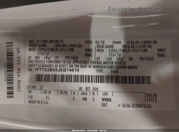 1FT7X2B65JEB74819 2018 FORD F-250 White Вид підкапотного простору