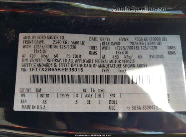 1FT7X2B65KEE38915 2019 FORD F-250 Black Vista del compartimento del motor