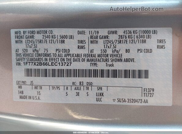1FT7X2B66LEC13727 2020 FORD F-250 Silver Շարժիչի բաժամունքի տեսք