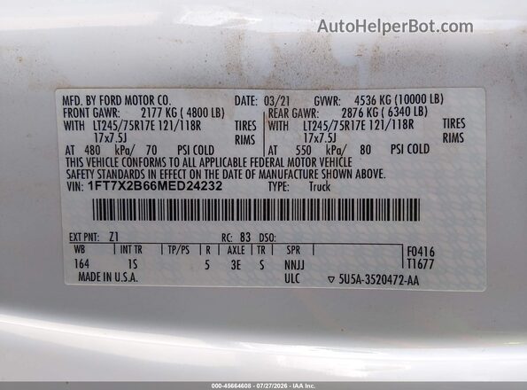1FT7X2B66MED24232 2021 FORD F-250 White Widok komory silnika