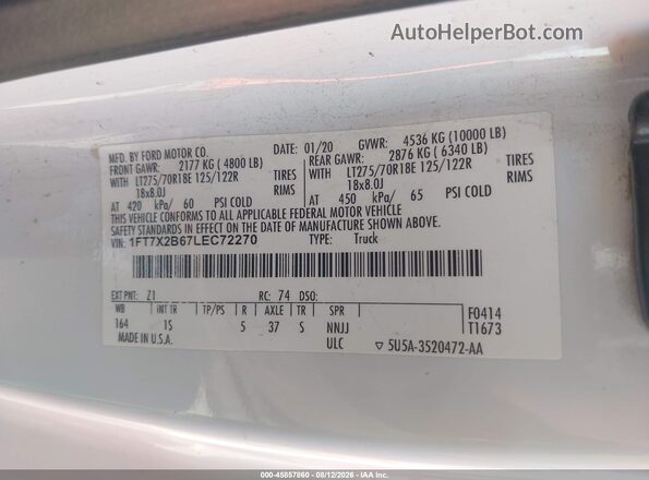 1FT7X2B67LEC72270 2020 FORD F-250 White Շարժիչի բաժամունքի տեսք