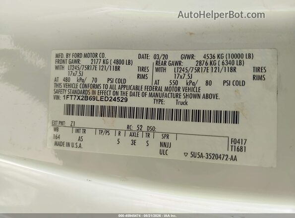 1FT7X2B69LED24529 2020 FORD F-250 White Вид підкапотного простору