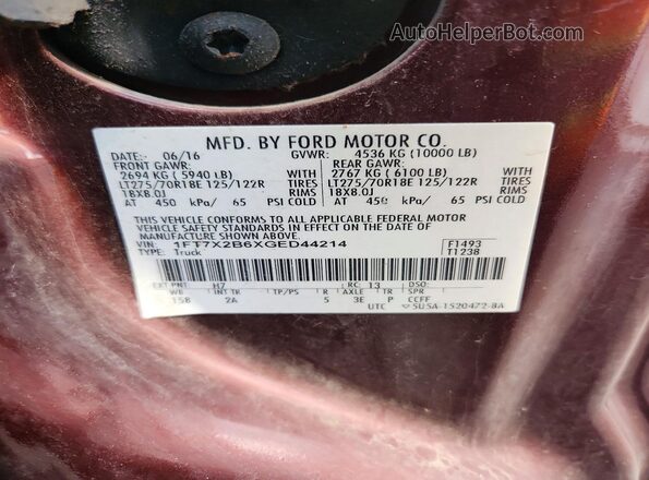 1FT7X2B6XGED44214 2016 FORD F250 Brown Vista de la etiqueta del VIN