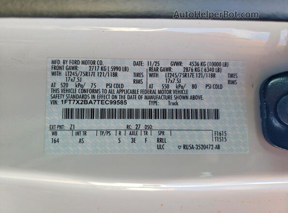 1FT7X2BA7TEC99585 2026 FORD F250 White Շարժիչի բաժամունքի տեսք