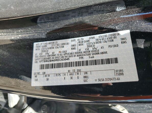 1FT8W2BN0REC63045 2024 FORD F250 Black Vista de la etiqueta del VIN