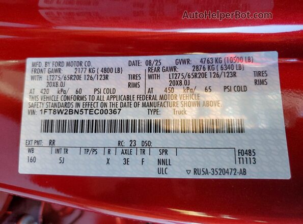 1FT8W2BN5TEC00367 2026 FORD F250 Red Вид підкапотного простору