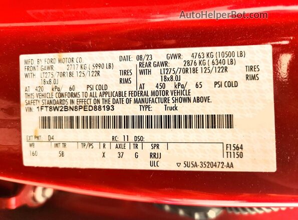1FT8W2BN8PED88193 2023 FORD F250 Red VIN կոդի պիտակի տեսք