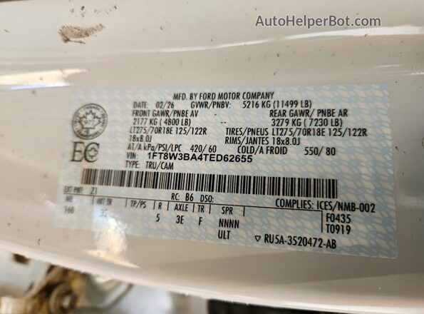 1FT8W3BA4TED62655 2026 FORD F350 White VIN կոդի պիտակի տեսք
