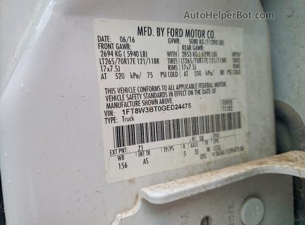 1FT8W3BT0GED24475 2016 FORD F350 White VIN կոդի պիտակի տեսք