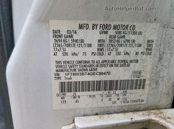 1FT8W3BT4GEC59470 2016 FORD F350 White 