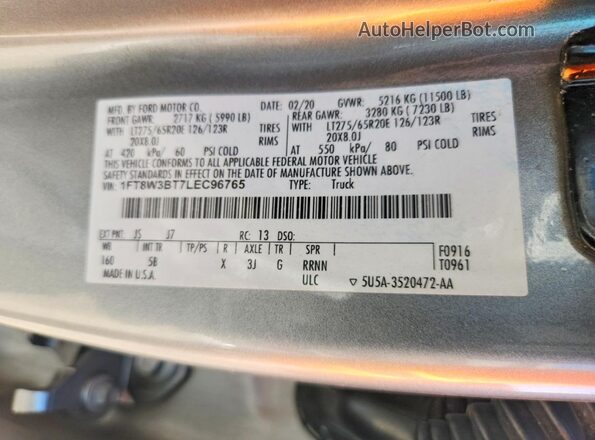 1FT8W3BT7LEC96765 2020 FORD F350 Silver VIN sticker view