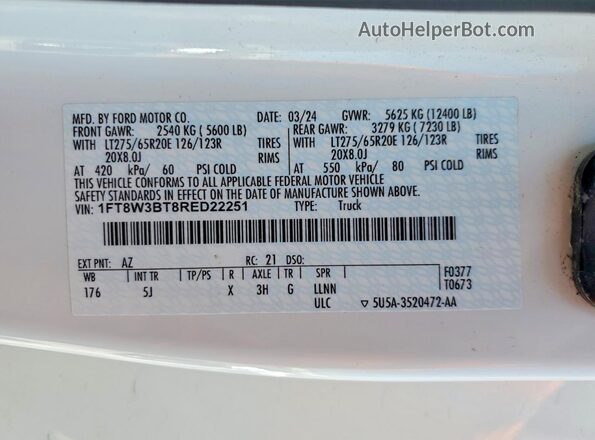 1FT8W3BT8RED22251 2024 FORD F350 White ძრავის განყოფილების ხედი