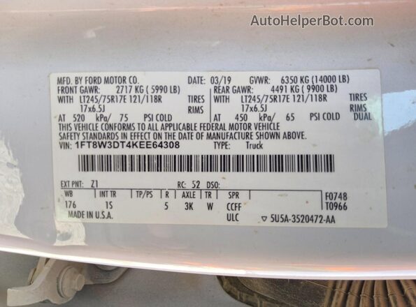 1FT8W3DT4KEE64308 2019 FORD F350 White Вид підкапотного простору