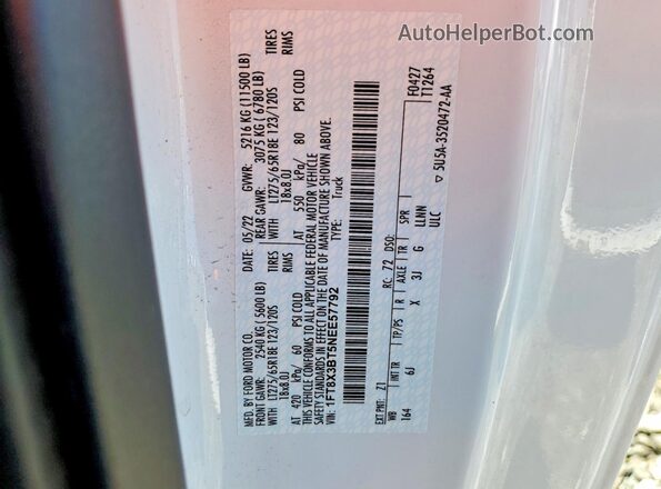 1FT8X3BT5NEE57792 2022 FORD F350 White Vista de la etiqueta del VIN