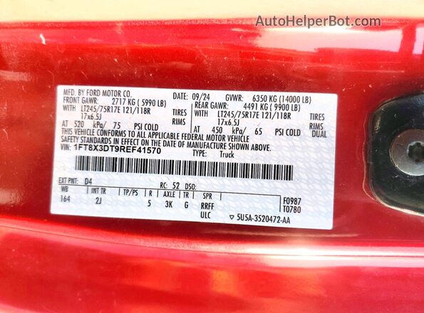 1FT8X3DT9REF41570 2024 FORD F350 Red VIN կոդի պիտակի տեսք