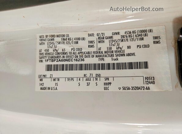 1FTBF2A60NEC16236 2022 FORD F250 White Вид підкапотного простору