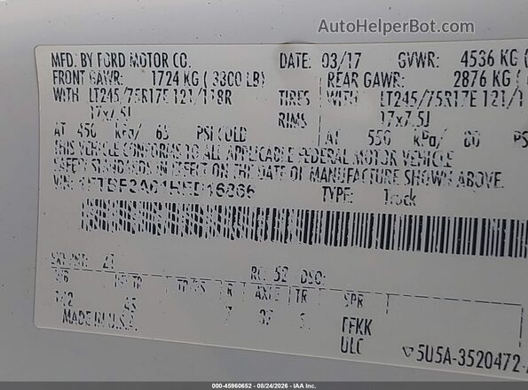 1FTBF2A61HED16866 2017 FORD F-250 White Widok komory silnika