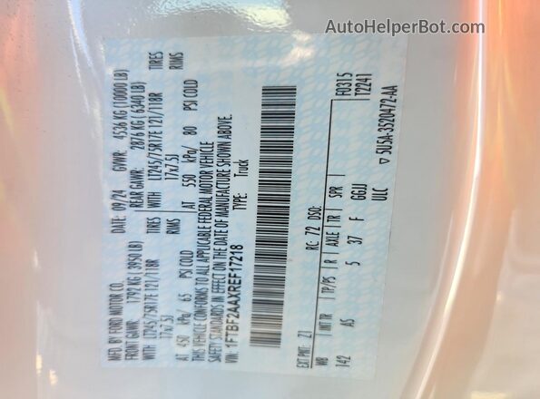 1FTBF2AAXREF17218 2024 FORD F250 White VIN კოდის სტიკერის ხედი