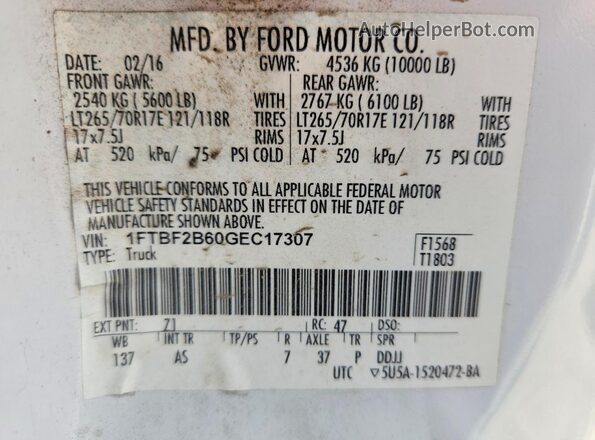 1FTBF2B60GEC17307 2016 FORD F250 White Շարժիչի բաժամունքի տեսք