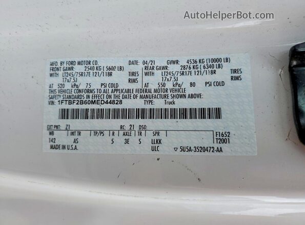 1FTBF2B60MED44828 2021 FORD F250 White VIN sticker view