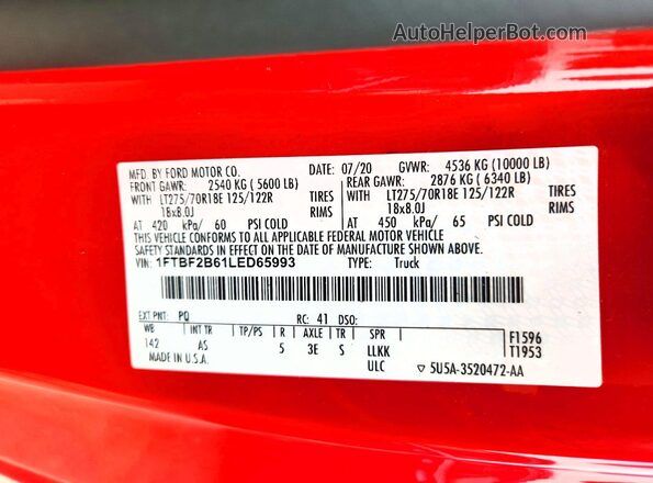 1FTBF2B61LED65993 2020 FORD F250 Красный Вид подкапотного пространства