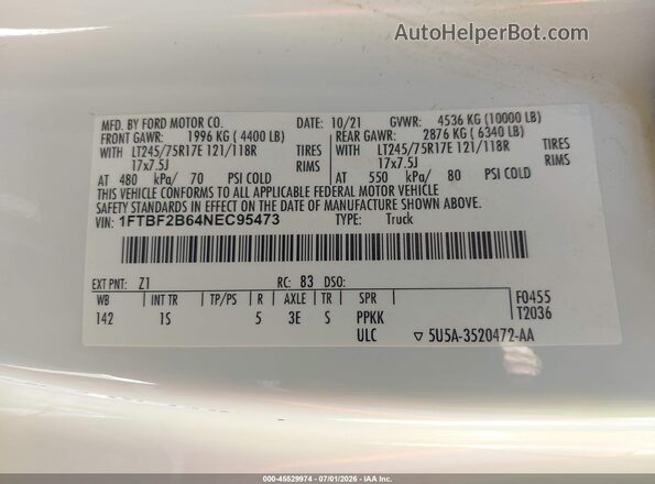 1FTBF2B64NEC95473 2022 FORD F-250 White Շարժիչի բաժամունքի տեսք