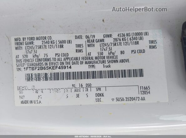 1FTBF2B65KEF45914 2019 FORD F-250 White Շարժիչի բաժամունքի տեսք