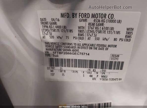 1FTBF2B66GEC75714 2016 FORD F-250 White ძრავის განყოფილების ხედი
