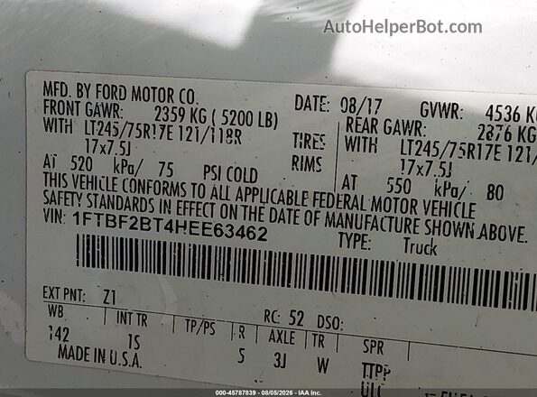 1FTBF2BT4HEE63462 2017 FORD F-250 White VIN կոդի պիտակի տեսք