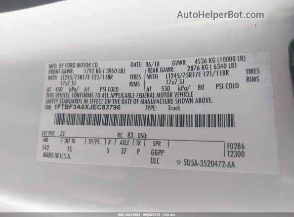 1FTBF3A6XJEC83796 2018 FORD F350 White Вид підкапотного простору