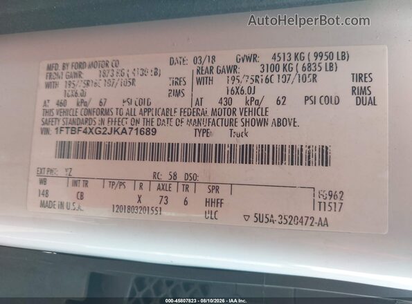 1FTBF4XG2JKA71689 2018 FORD TRANSIT-350 White Вид підкапотного простору