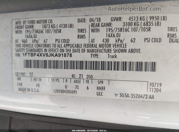 1FTBF4XV8JKA91878 2018 FORD TRANSIT-350 White Вид підкапотного простору