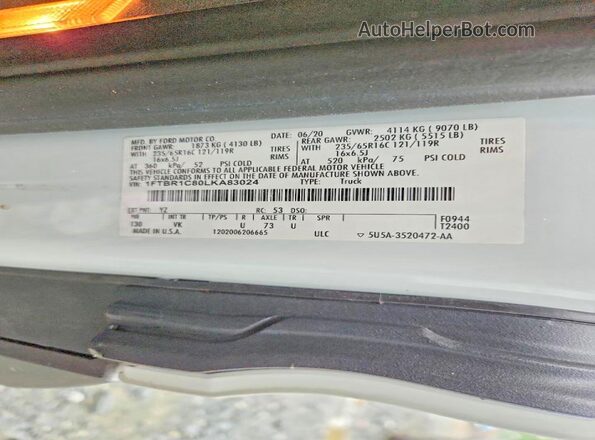 1FTBR1C80LKA83024 2020 FORD TRANSIT White Widok naklejki z numerem VIN
