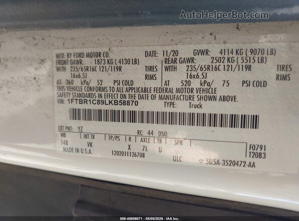 1FTBR1C89LKB58870 2020 FORD TRANSIT-250 White Вид підкапотного простору