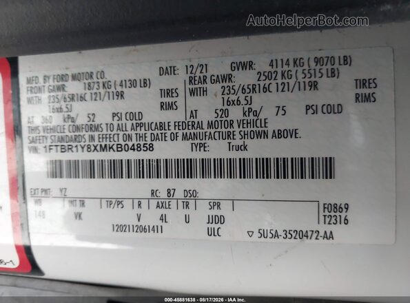 1FTBR1Y8XMKB04858 2021 FORD TRANSIT-250 White Vista del compartimento del motor