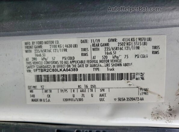 1FTBR2C80LKA04389 2020 FORD TRANSIT White VIN კოდის სტიკერის ხედი