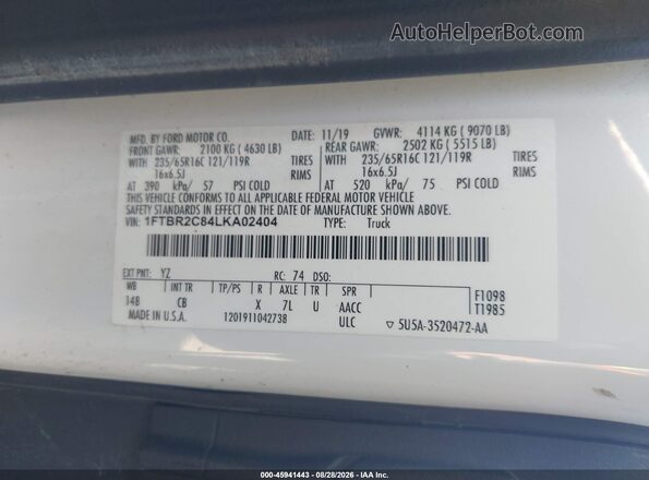 1FTBR2C84LKA02404 2020 FORD TRANSIT-250 White Widok komory silnika