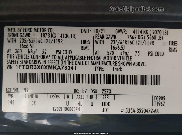 1FTBR3X8XMKA78341 2021 FORD TRANSIT-250 Blue Вид підкапотного простору