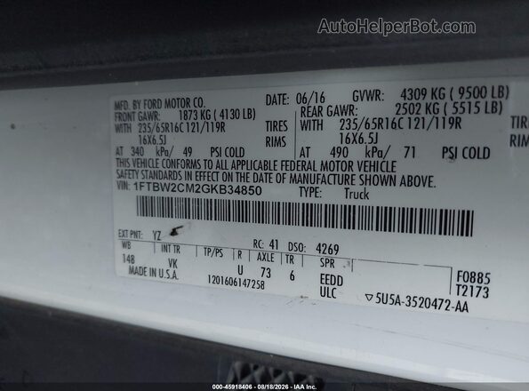 1FTBW2CM2GKB34850 2016 FORD TRANSIT-350 White Вид підкапотного простору