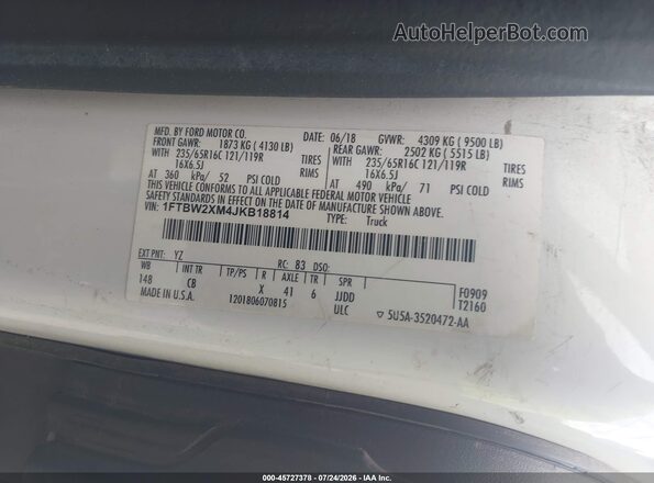 1FTBW2XM4JKB18814 2018 FORD TRANSIT-350 Белый Вид подкапотного пространства
