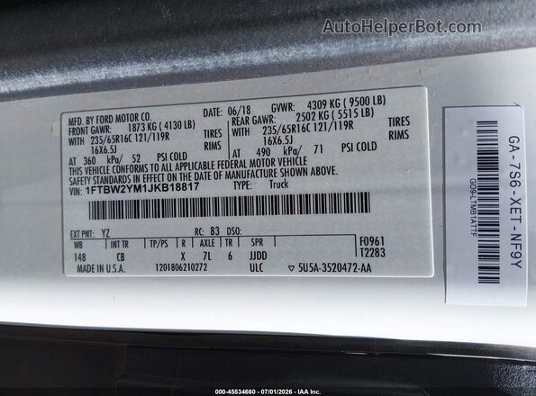 1FTBW2YM1JKB18817 2018 FORD TRANSIT-350 White Widok komory silnika