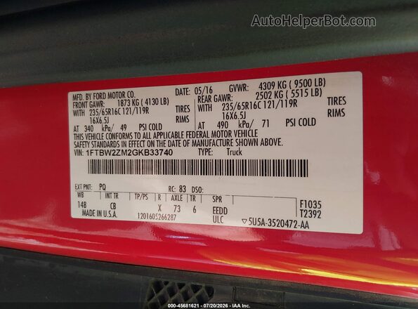 1FTBW2ZM2GKB33740 2016 FORD TRANSIT-350 Red ძრავის განყოფილების ხედი