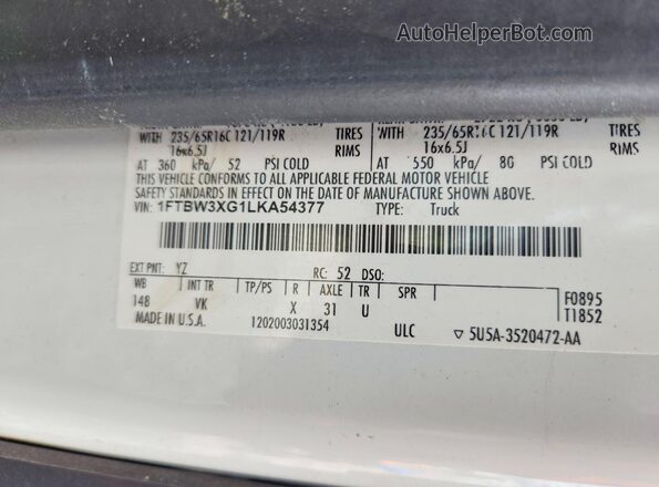 1FTBW3XG1LKA54377 2020 FORD TRANSIT White VIN sticker view