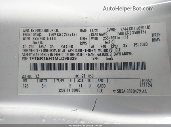 1FTER1EH1MLD98629 2021 FORD RANGER White Engine compartment view