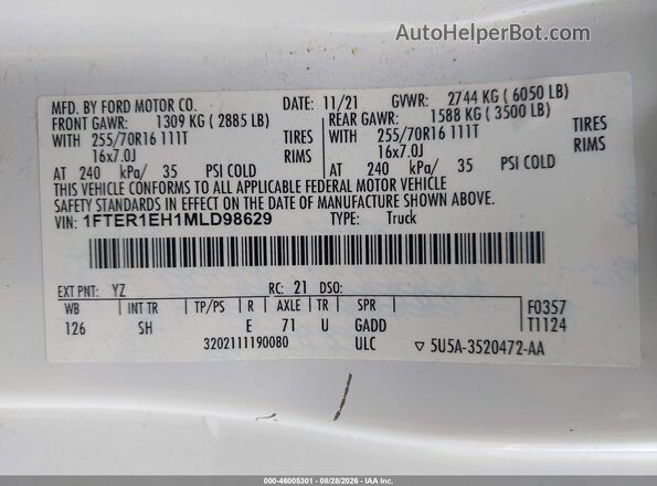 1FTER1EH1MLD98629 2021 FORD RANGER White Engine compartment view
