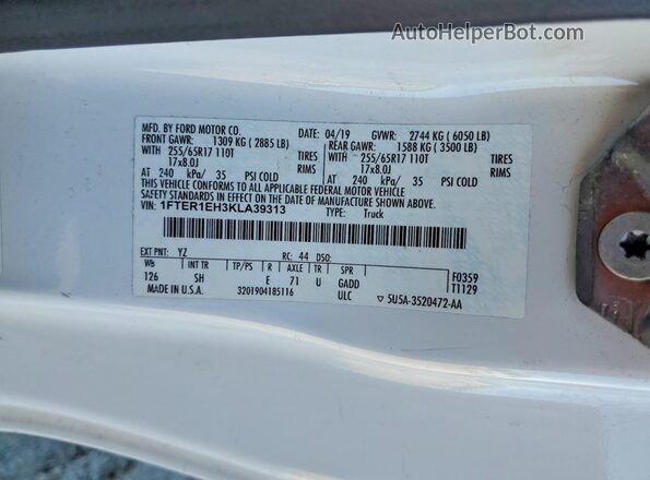 1FTER1EH3KLA39313 2019 FORD RANGER White Vista del compartimento del motor